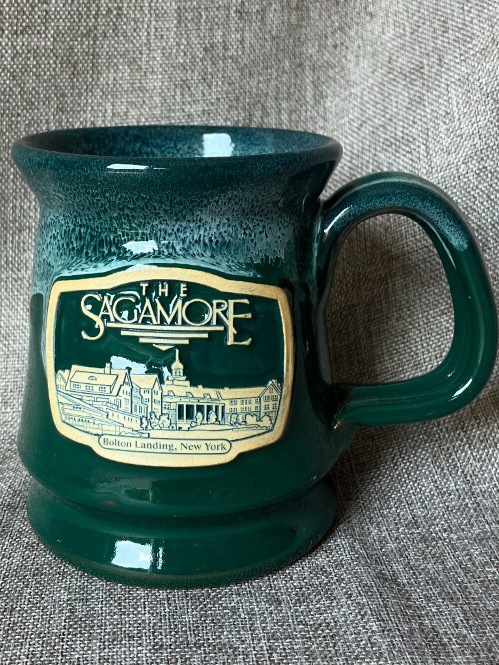 Deneen Pottery The Sagamore Bolton Landing NY Footed Mug Handmade Green, 2008